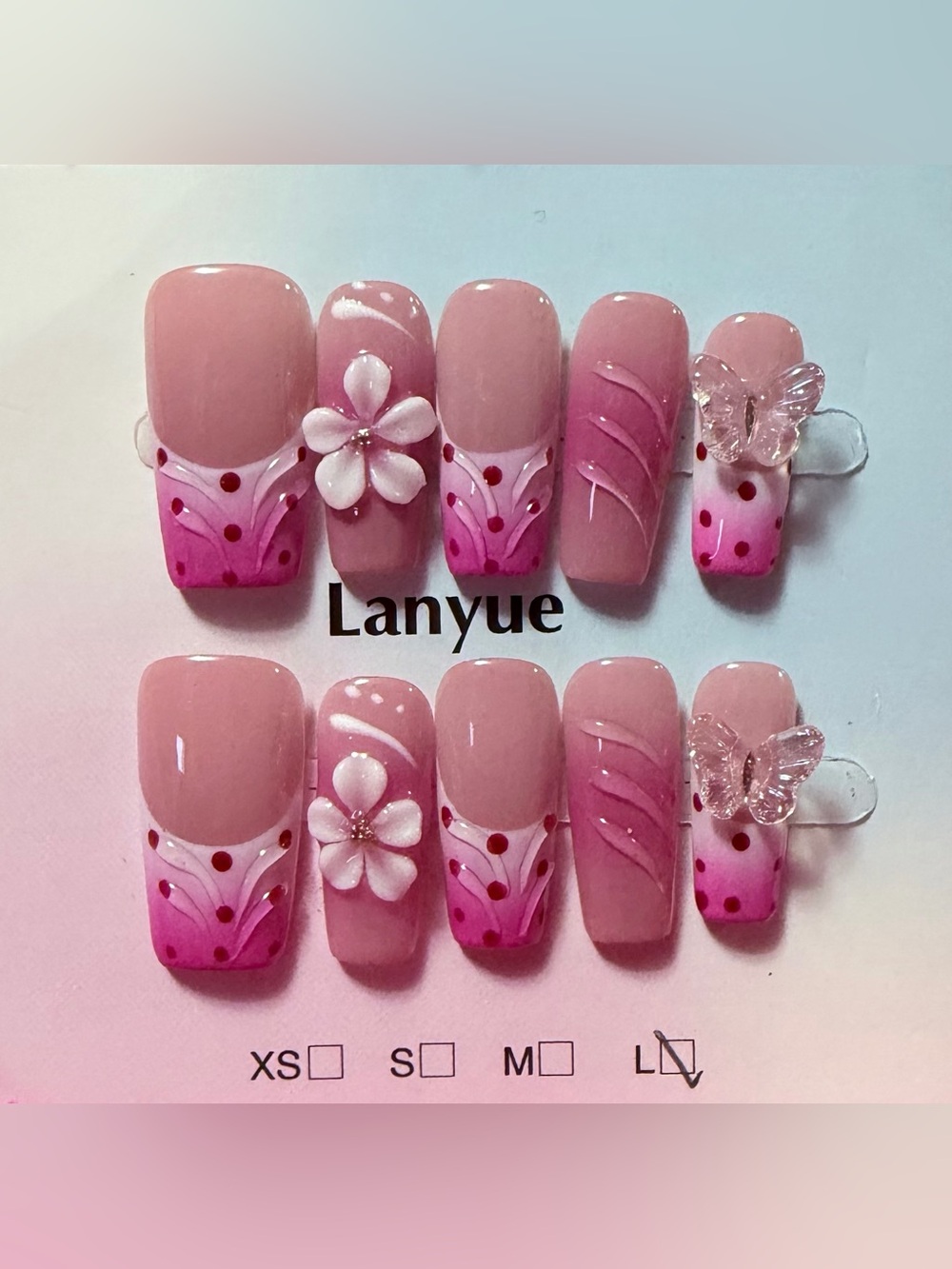 Pink Floral Press-On Nail Set with butterfly gem